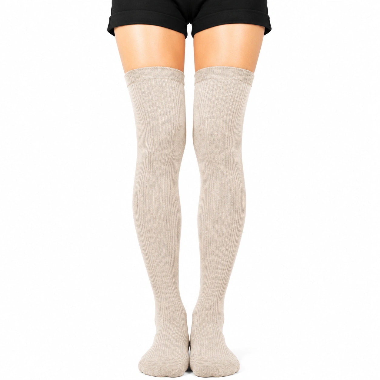 Chaussettes cuissardes 35-38 en textile beige côtelé style uni