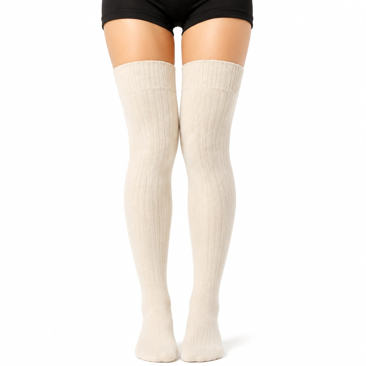 Chaussettes hautes femme 35-38 en maille beige côtelée style uni
