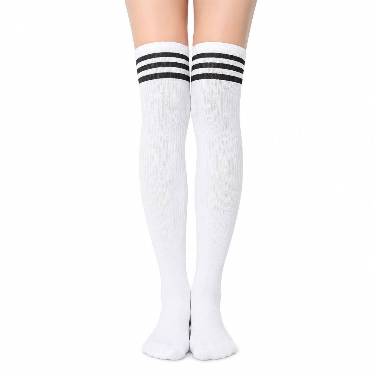 Chaussettes hautes 39-42 blanches à rayures noires en maille côtelée style sportif