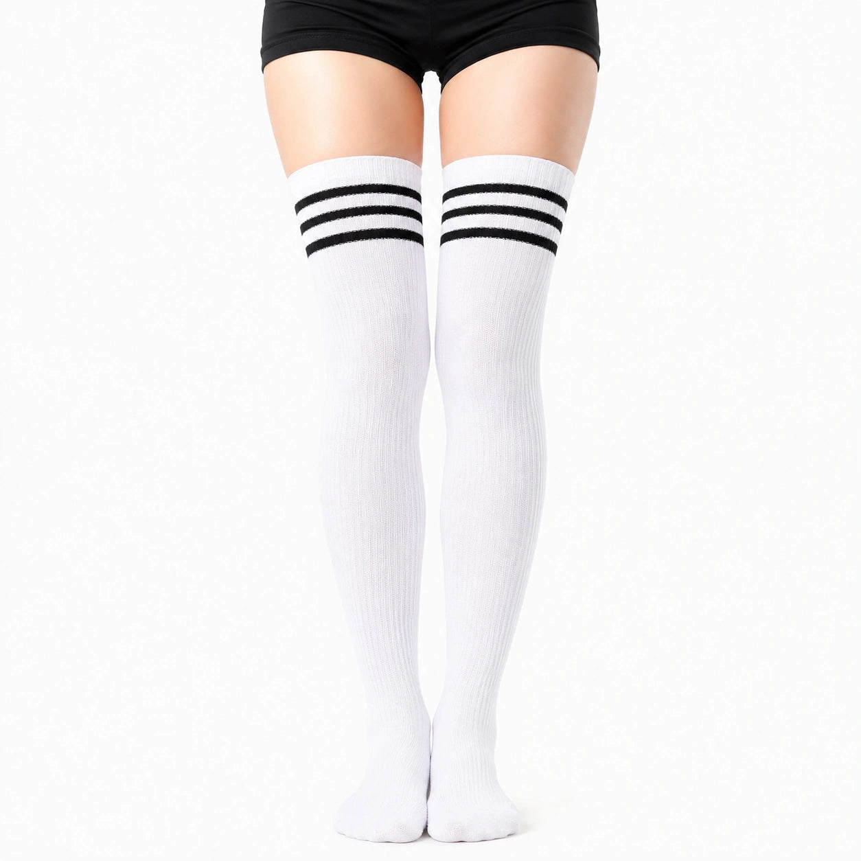 Chaussettes hautes 39-42 en maille blanche à rayures noires style sport