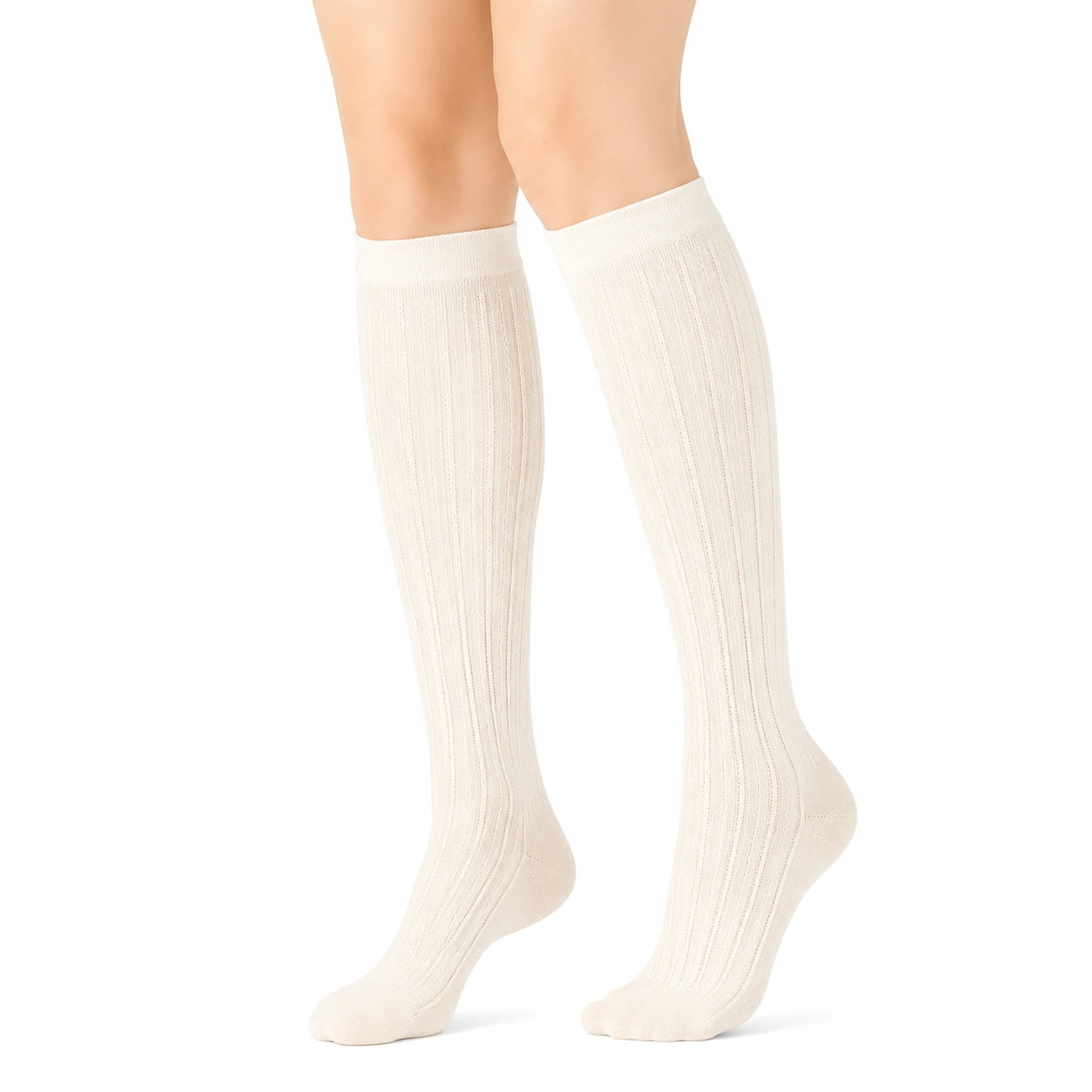 Chaussettes hautes 35-38 écru en maille côtelée extensible