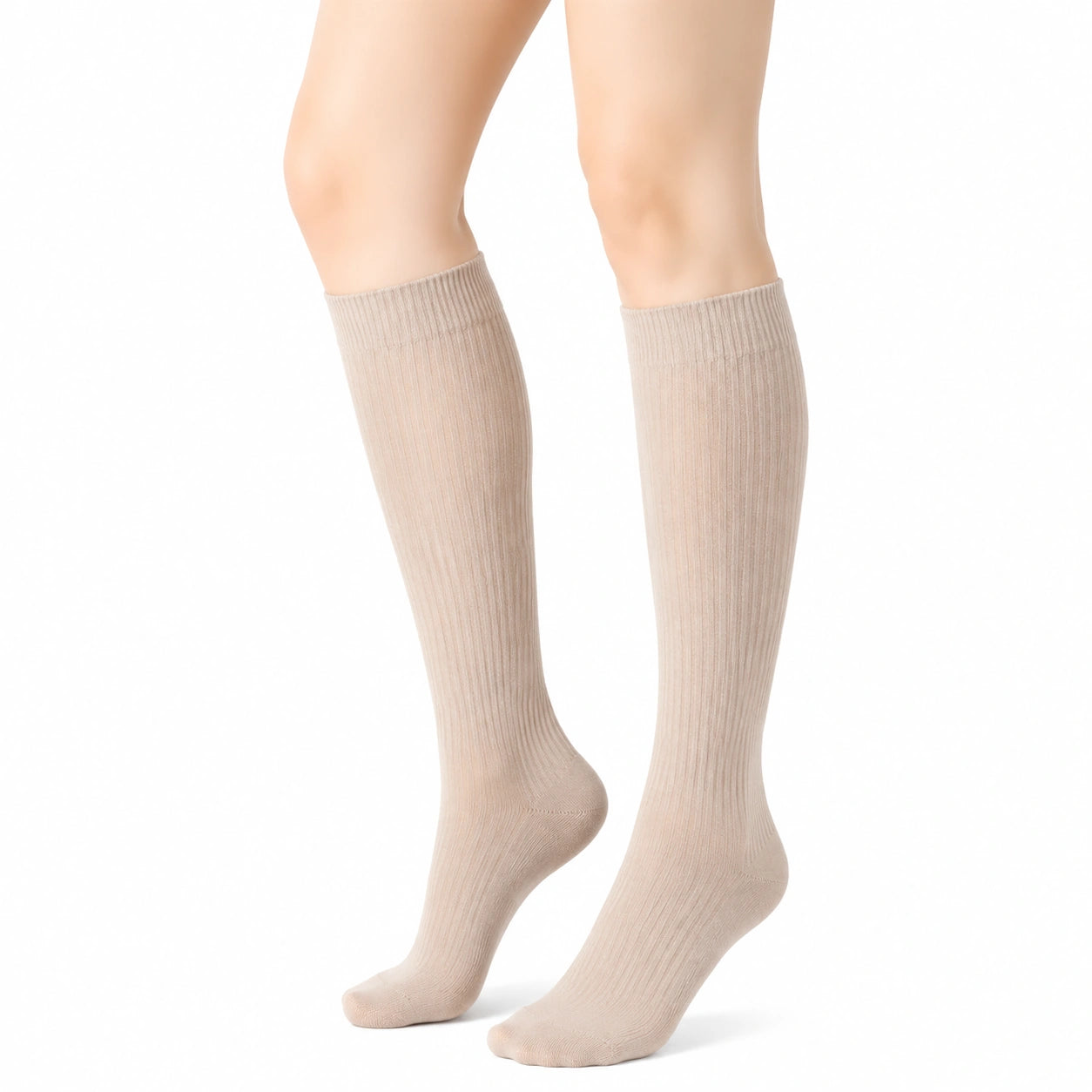 Chaussettes hautes 35-38 en maille beige côtelée style classique
