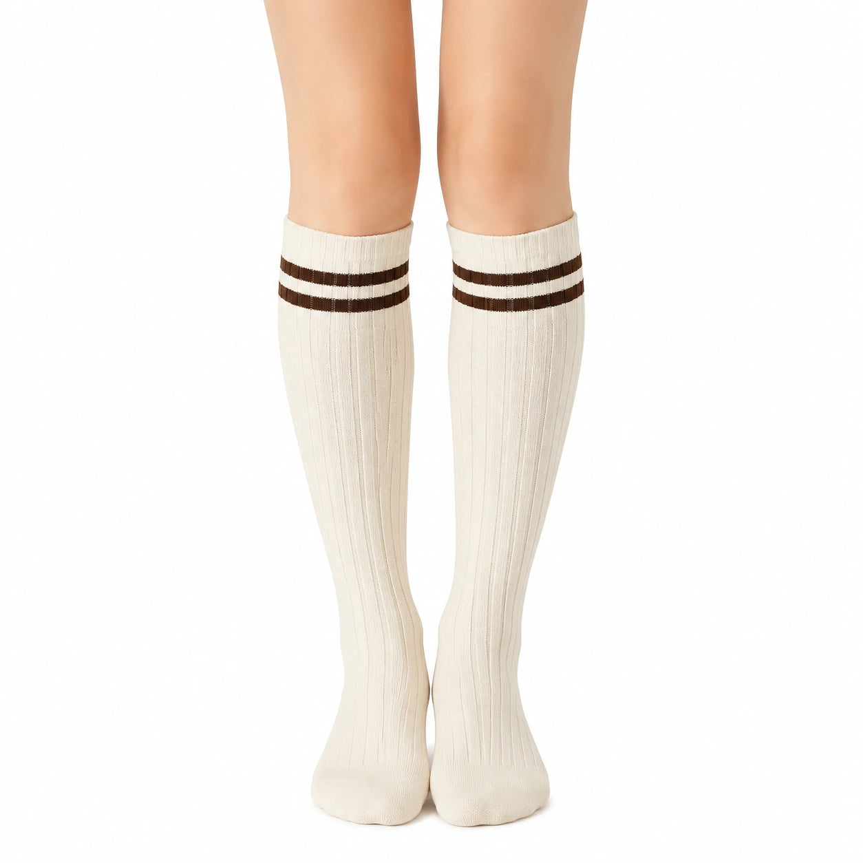 Chaussettes hautes 39-42 en maille côtelée écru et marron style sportif