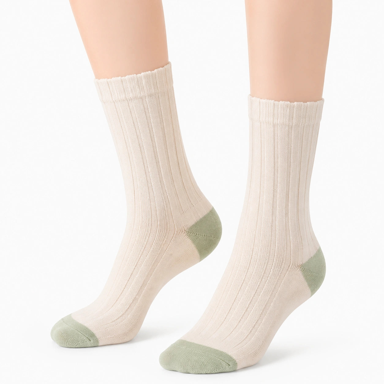 Chaussettes mi-mollet 35-38 en maille côtelée écru et vert sauge